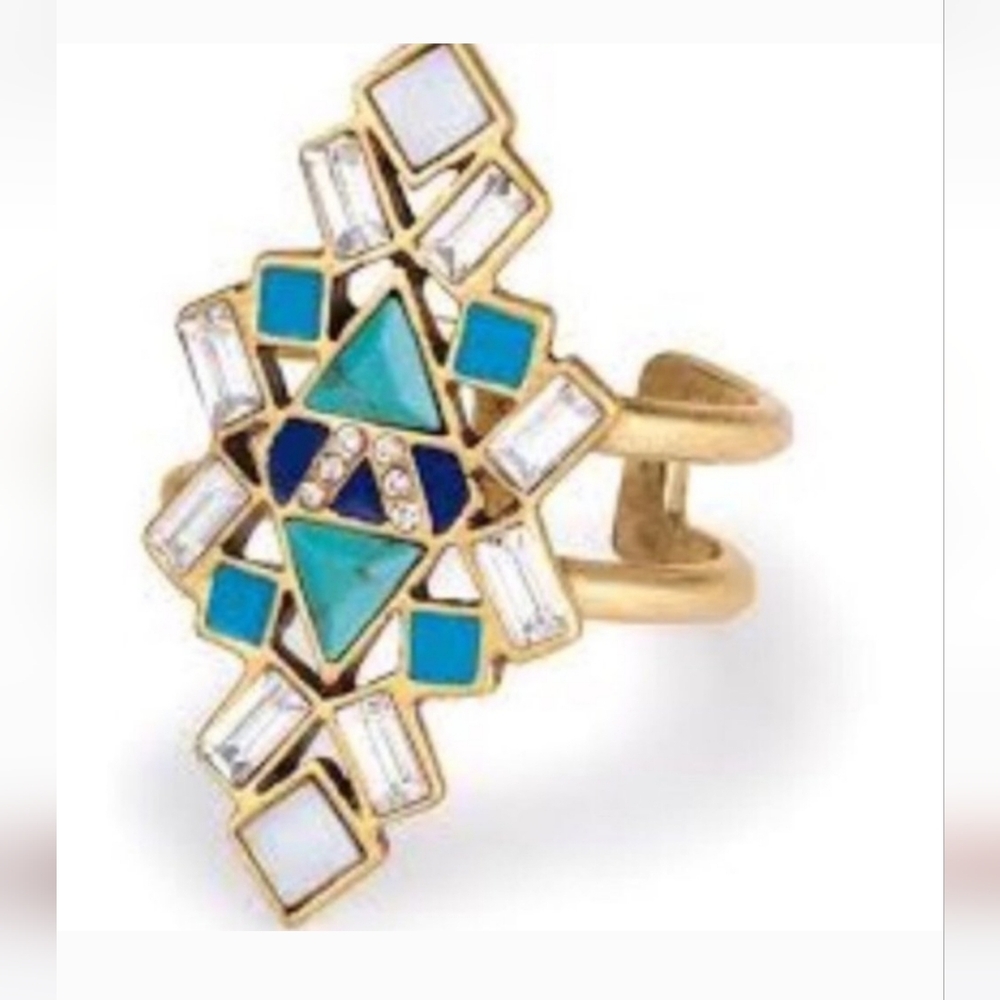 Stella & Dot Enamel Turquoise, Cobalt, & Crystal Tile Statement Ring, Retired